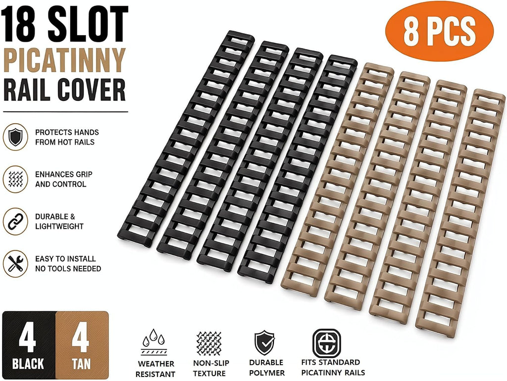8-Pack Picatinny Rail Covers 18-Slot | Black & Tan, Anti-Slip Polymer, Fits Standard Picatinny/Weaver Rails