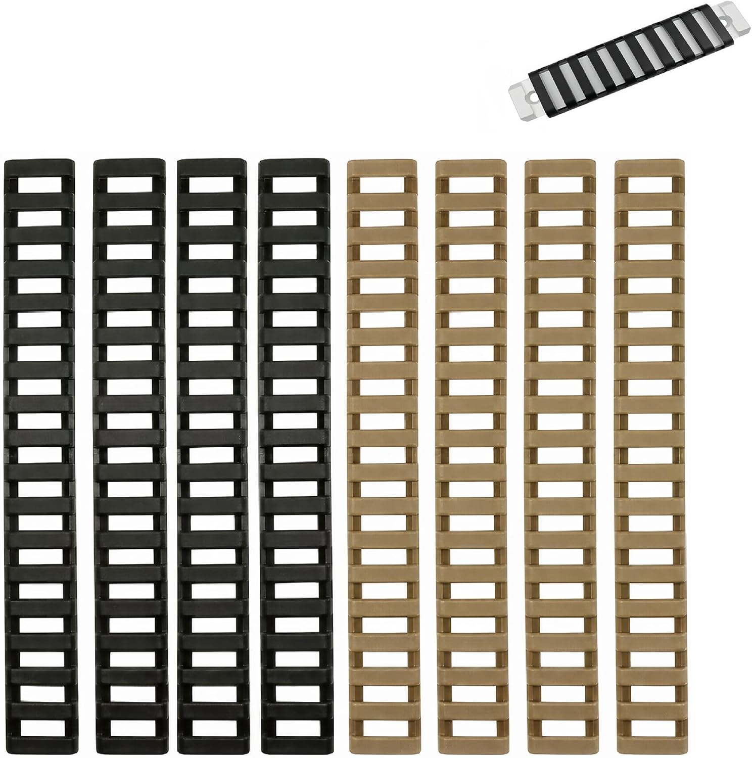 8-Pack Picatinny Rail Covers 18-Slot | Black & Tan, Anti-Slip Polymer, Fits Standard Picatinny/Weaver Rails