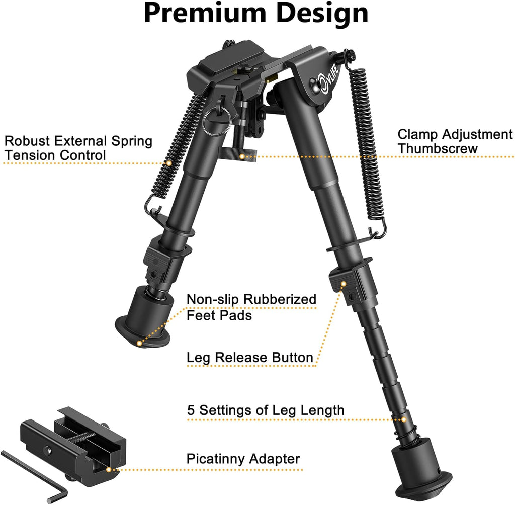 6-9 Inches Picatinny Bipod Adjustable Spring Return with Picatinny Adapter