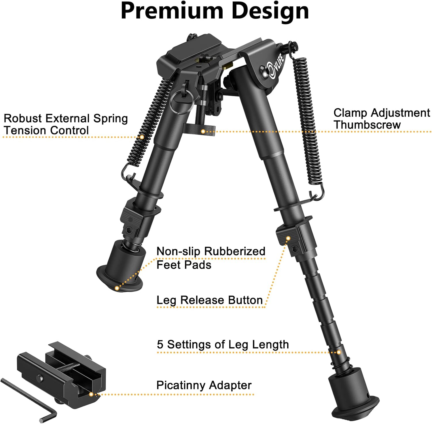 6-9 Inches Picatinny Bipod Adjustable Spring Return with Picatinny Adapter