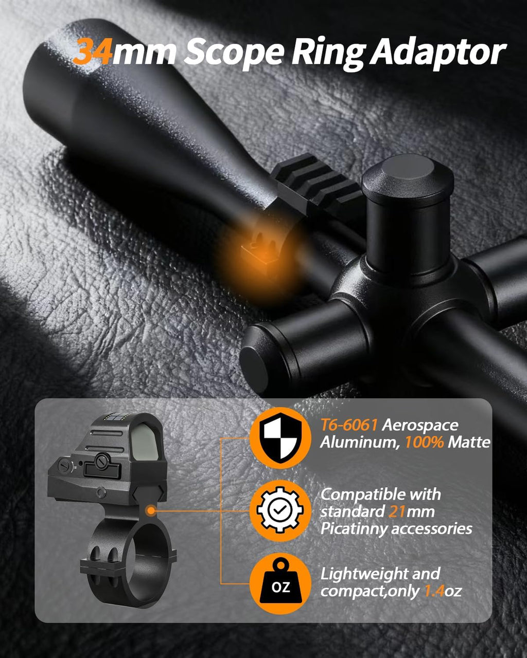 34mm Scope Ring Adapter – 4-Slot Picatinny Rail, Barrel Clamp Mount for Flashlight & Laser