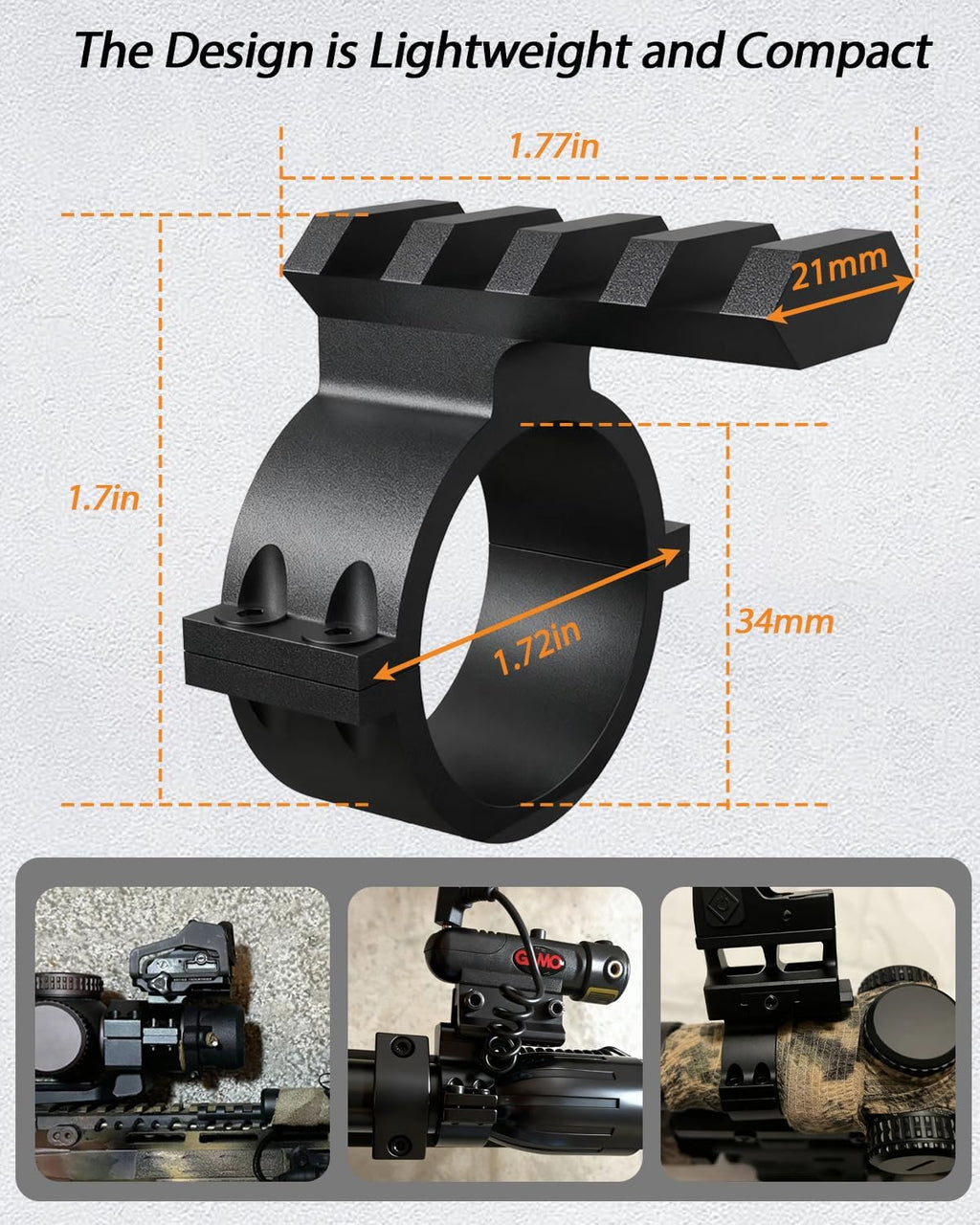 34mm Scope Ring Adapter – 4-Slot Picatinny Rail, Barrel Clamp Mount for Flashlight & Laser