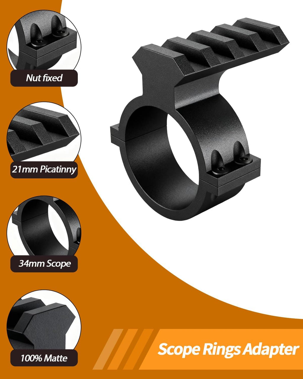 34mm Scope Ring Adapter – 4-Slot Picatinny Rail, Barrel Clamp Mount for Flashlight & Laser