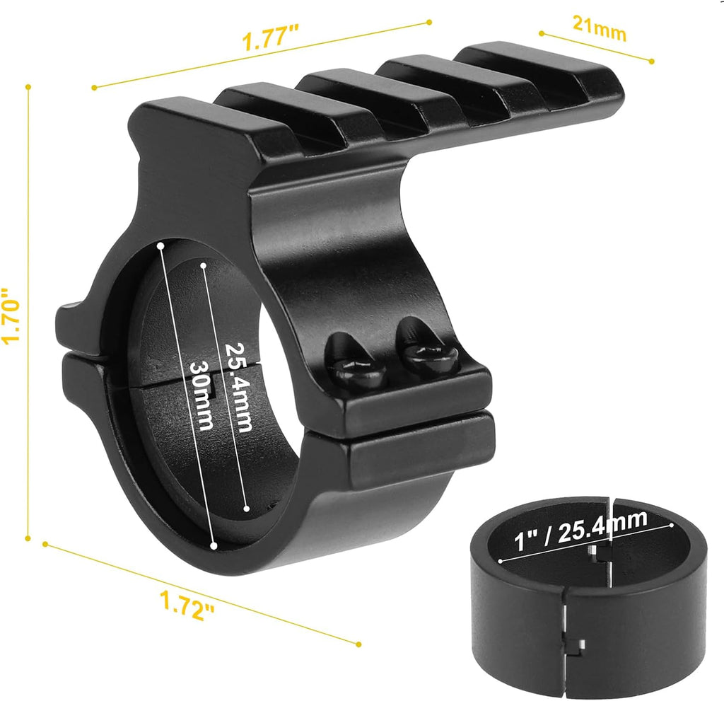 Scope Ring Adapter 1"/30mm – 4-Slot Picatinny Top Rail, Barrel Clamp for Flashlight & Laser