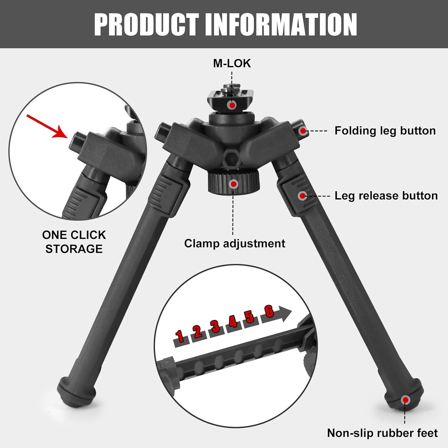 Tactical Durable Sturdy Portable Bipod Picatinny Quick Detach Head for Rifles with 6 Adjustable Heights for Shooting Hunting Accessories
