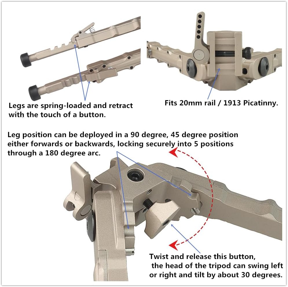 QD Bipod Gold 7 inch - 8.5 inches Extension Flat Adjustable Stable for 20mm Rail 1913 Picatinny Tactical