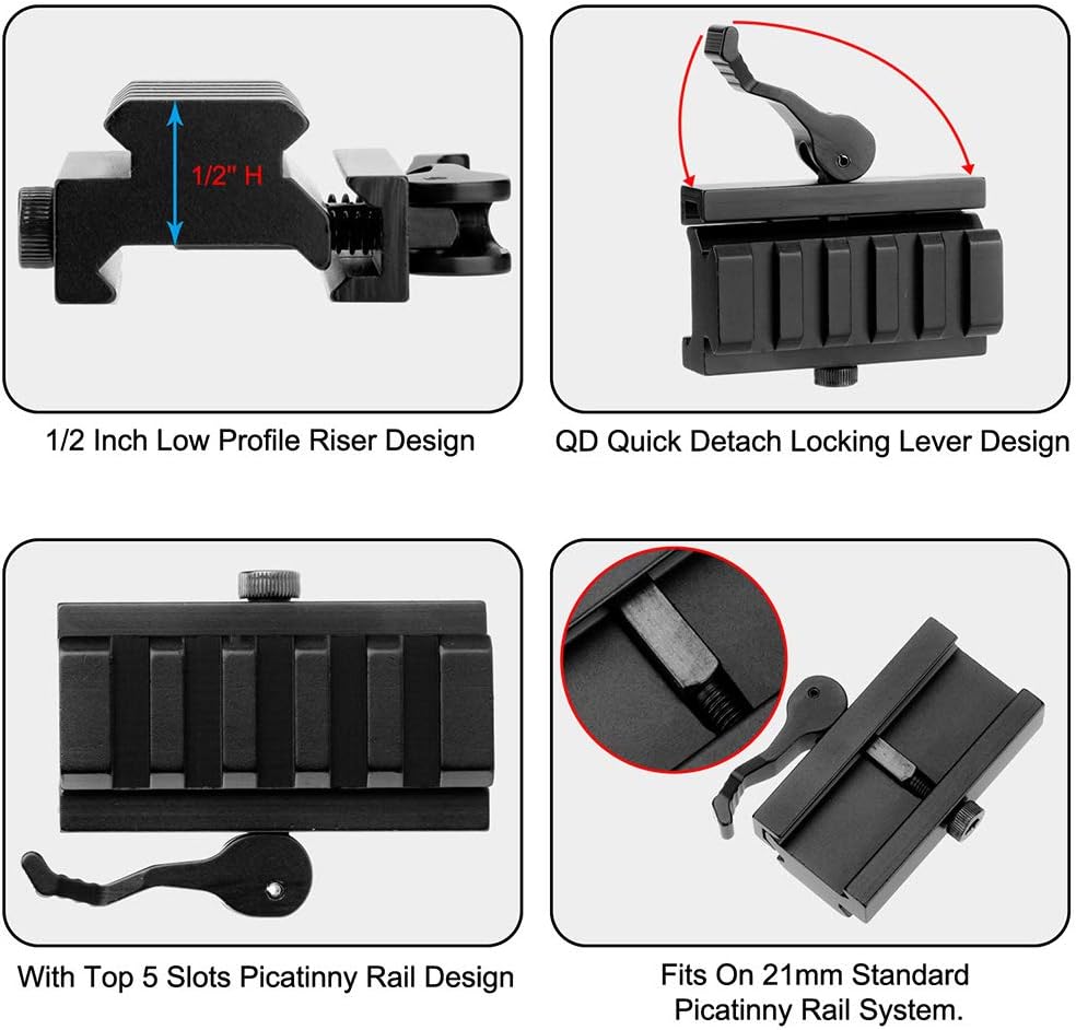 Picatinny Riser Mount, Low Profile Rail Riser Mounts Adaptor with QD Lever Lock Quick Release & 5 Slots Picatinny Rails for Scope Rings Optics Sights, 1/2" H x 2.5''L