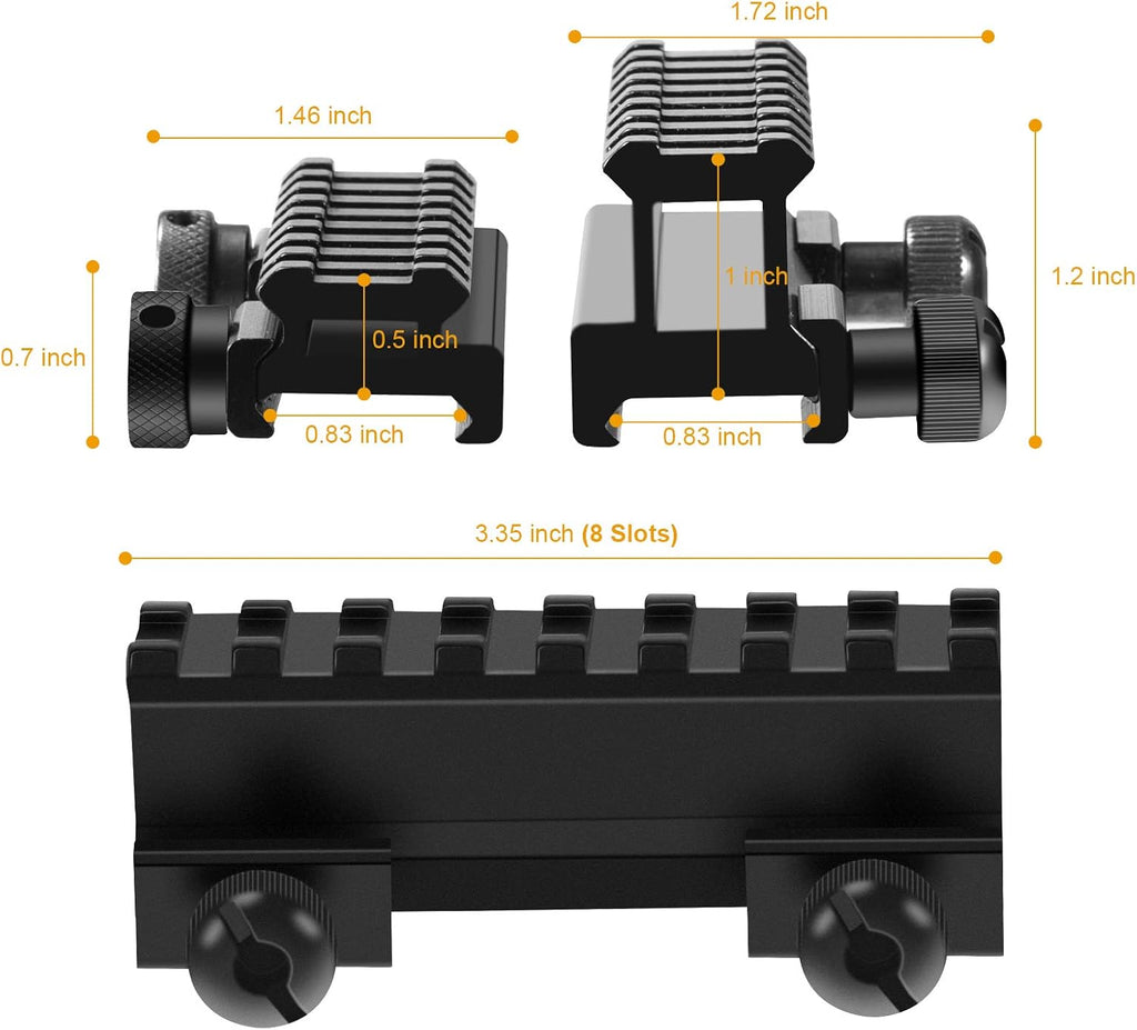 Picatinny Riser Mounts, FENTUK 1 Inch High Profile & 1/2 Inch Low Profile 8 Slots Picatinny Rail Riser Mount with See Through Design for Scopes Optics Red Dots - 2 Pack (Include 1" & 0.5" Riser Mount)