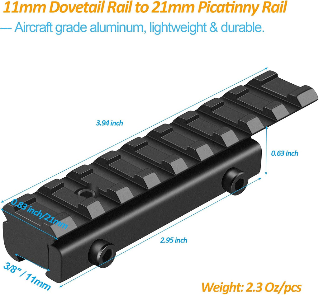 Dovetail to Picatinny Rail Adapter 11mm Dovetail to 21mm Picatinny Rail Convert Mount - Low Profile Scope Riser Rail Adaptor - Base Mount 3/8" to 7/8" Converter
